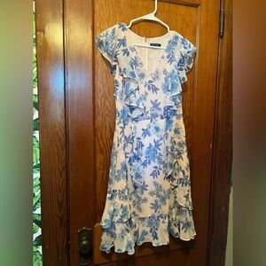 Tommy Hilfiger Flutter Sleeve V-Neck Floral Fit Flare Dress Pink Blue Womens 4